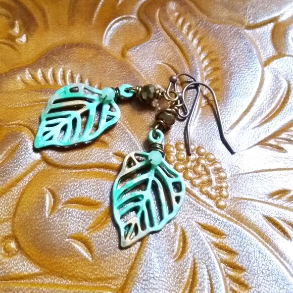 Patina Painted Filigree Leaf Earrings - Lightweight Autumn Fall Jewelry - Picture 1 of 7